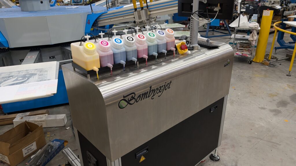 BombyxJet DTG printer shown in a production shop during our review.